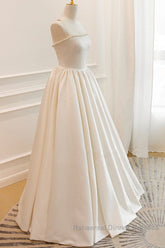 Thin Straps Open Back Ivory Satin Long Semi Formal Prom Dresses with Pearls, Long Ivory Formal Graduation Evening Dresses